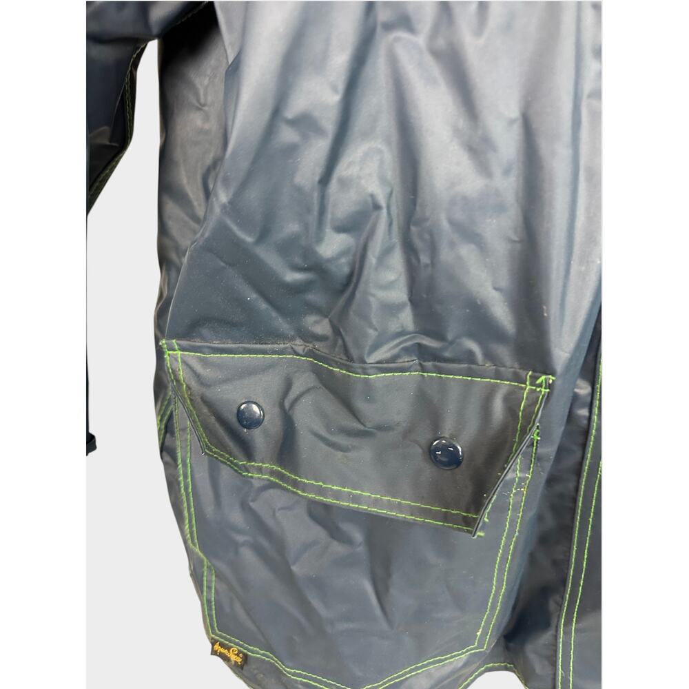 Vintage 1980s M Navy Blue Green Whales Reversible Hooded Raincoat AqueSheen - Picture 2 of 16